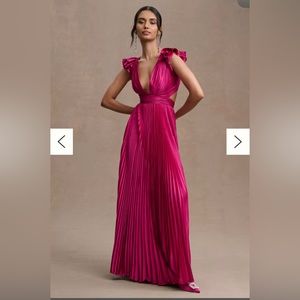 Mac Duggal Pleated Flutter-Sleeve Deep-V Lace-Up Gown